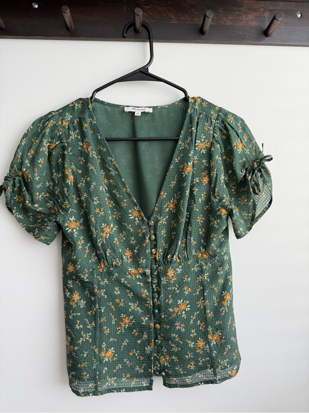 Madewell Forest Green Floral V-Neck Button Blouse
